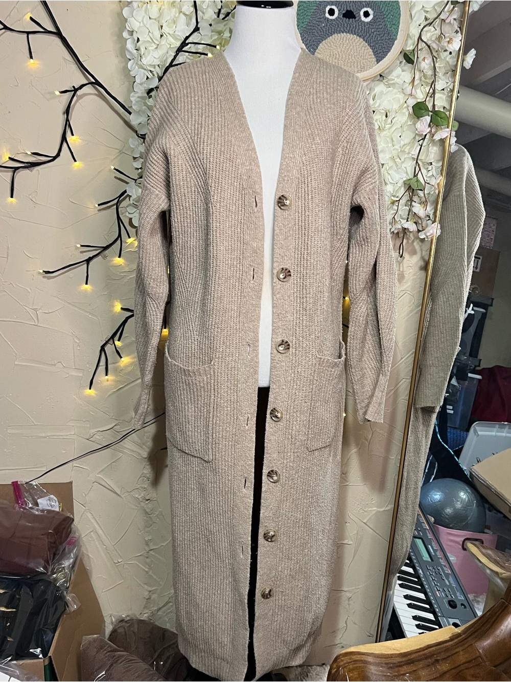 a new day Beige Long Ribbed Button-Front Cardigan